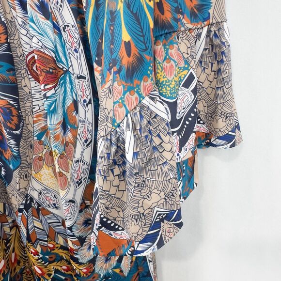 Boston Proper Royal Peacock Flare Sleeve Mini Dress Size Small Abstract Boho - Picture 10 of 16